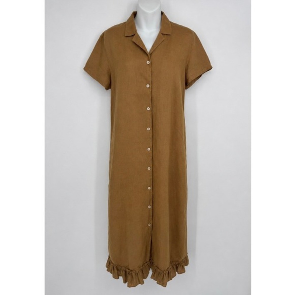 CALIBAN Button Down Shirt Dress Brown‎ Linen Ruffle Hem Size 46 US 10 Coastal